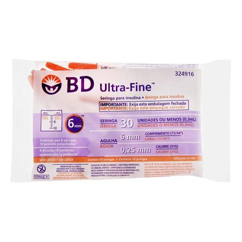 Seringa BD Ultra Fine 30UI Agulha 6mm 10 Unidades