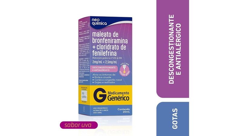 Maleato-Bronfeniramina-2mg/ml-+-Cloridrato-Fenilefrina-2,5mg/ml-Neo-Química-Genérico-Gotas-Frasco-20