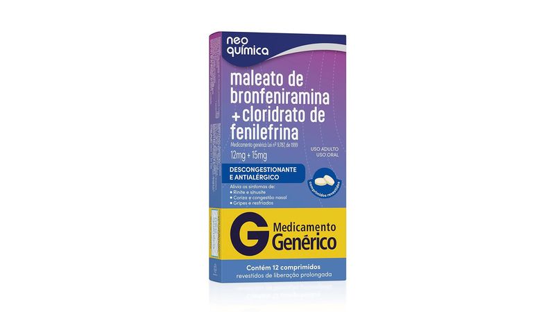 Maleato-Bronfeniramina-+-Cloridrato-Fenilefrina-15mg-Neo-Química-Genérico-Caixa-12-Comprimidos