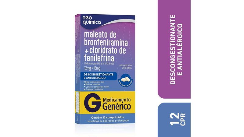 Maleato-Bronfeniramina-+-Cloridrato-Fenilefrina-15mg-Neo-Química-Genérico-Caixa-12-Comprimidos